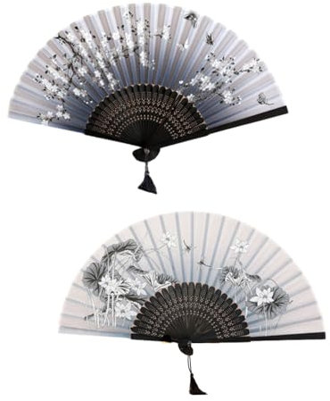 KGDUYC 2 PCS Seide-Fächer,Japanischer Faltfächer,Chinesischer Blumen Stoff Fächer,Damen Herren Bambus Fächer,Handfächer,Handfächer Faltbar aus Bambus,Schwarz Handfächer,Orientalischer Faltfächer