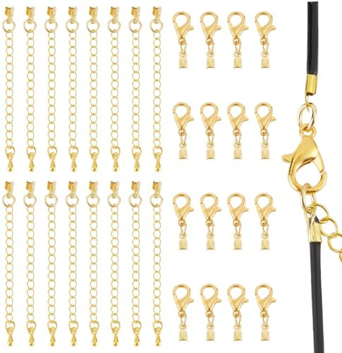 UNICRAFTALE 30set Fermoirs D'Extrémité de Cordon en Cuir avec Chaînes D'Extension Extrémités de Cordon Repliables Doré avec Fermoirs à Pince de Homard Queues D'Extension pour la Fabrication de Collier