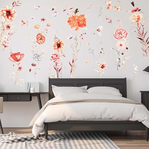 Adesivi Murali Fiori Boho Adesivi da Parete Giardino Floreale con Farfalle, Adesivi Murali Giardino Fiori per Decorazione Murale in Camera da Letto e Soggiorno Removibili e Vintage