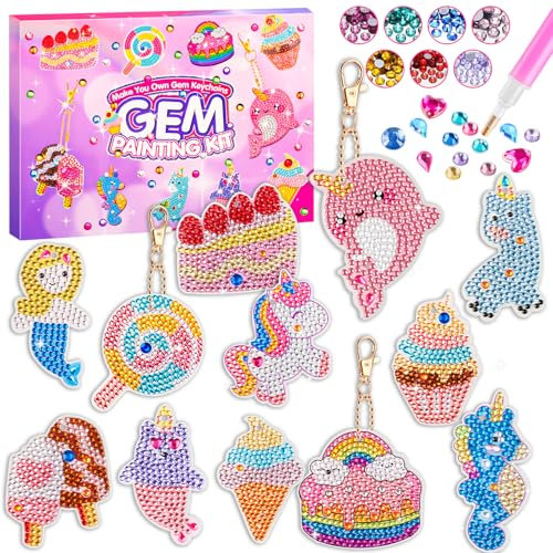 HGRGHH 12 Pcs 5D Diamant Peinture Porte-clés, Kit de Peinture Diamant 5D pour Enfants, DIY Diamond Peinture Autocollants, Diamond Painting Stickers Kit Enfant Cadeau Fille 6 7 8 9 10 11 12 Ans