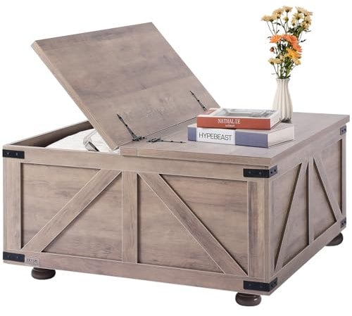 VEVOR Couchtisch Kaffeetisch im Farmhouse-Stil 914 mm, quadratischer Couchtisch mit Scharnier & großem Ablagefach, rustikaler Cocktailtisch aus Holz für Wohnzimmer Schlafzimmer Apartment Studio