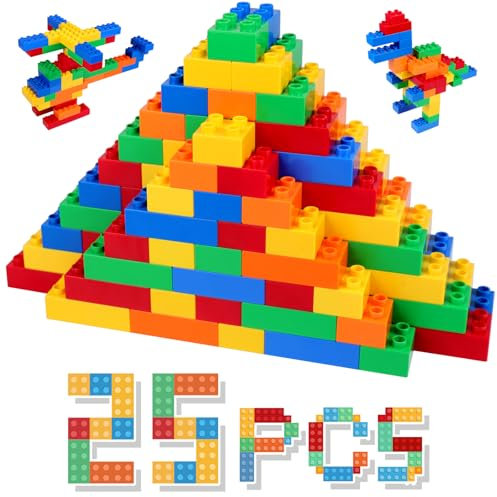HIUME Bloques de Construcción Grandes para Niños - Set de 25 Piezas, Compatibles con Bloques Tipo Duplo, Juguete Educativo para 3 4 5 6 Años, Juego Creativo en 5 Colores.