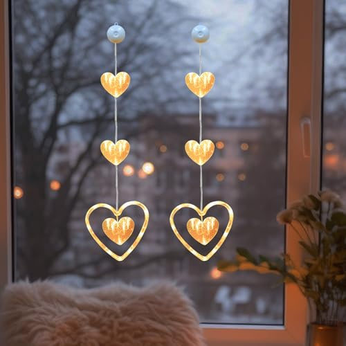 LED Fensterbeleuchtung Lichterkette, LED Herze Fenster mit Saugnapf, LED Lichterkette Fenster zum Aufhängen Warmweiß Herz Lichter Fensterbeleuchtung für Hochzeits Valentinstag Wohnzimmer Deko (2PCS)