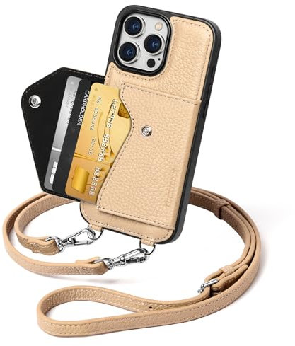 LUCKYCOIN Crossbody Wallet Phone Case with Adjustable Neck Strap for iPhone 16 Pro Max 6.9 in,Mobile Phone Crossbody Lanyard Cases for Women,Stylish Pebbled Genuine Leather Phone Purse Covers Beige