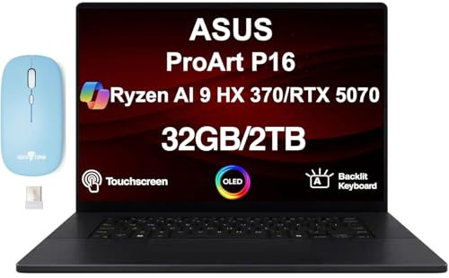 ASUS ProArt P16 Creator Laptop 16.0 3K 120Hz OLED Lumina Touch Display (AMD Ryzen AI 9 HX 370, 32GB LPDDR5X, 2TB SSD, GeForce RTX 5070, Backlit KB, WiFi 7, Win 11 Home) w/Dockztorm Wireless Mouse