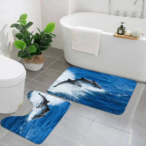 KGDHY Badezimmermatten-Sets 2-Teilig,Baby-Meerestier Delphin springt aus dem Meer,Bad und WC-Vorleger-Set,rutschfeste Badezimmerteppiche wasserabsorbierende