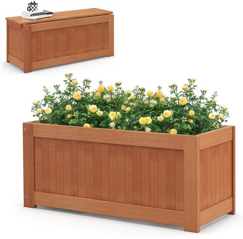 TANGZON Wooden Planter Box with Bench, 2-IN-1 Shorea Hardwood Outdoor Plant Container with Seat, Teak Oil Finish & Open-ended Base, Rectangular Flower Box for Garden Yard Balcony Deck, DIY Assembly