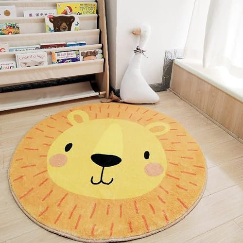 AIMECO Weicher Kuscheliger Kinderteppich Weicher Rund Carpet Wohnzimmer Teppichen Mädchen Schlafzimmer Kinderzimmer Waschbarer Pflegeleicht Teppiche Motiv Rund 200cm Löwe - Gelb