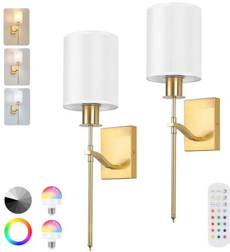 EIDEARAY Battery Operated Wall Sconce Set of 2, Rechargeable Wall Lamp with Bulb 5000mAh,Dimmable Color Temperature and RGB, Wall Lights for Living Room Bedroom Farmhouse Bedside Hallway(Gold)