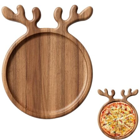 AZURAOKEY Weihnachtliche Servierplatte Rentier Akazienholz Serviertablett Geweih Dekor Sushi Serviertablett Rund Holzteller Speiseplatte Display Teller Küche Geschenk zum Einzug L