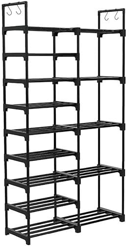 Zapatero Vertical con Ganchos, Estante para Zapatos de Gran Capacidad, Diseño Estrecho y Alto, Organizador Multifuncional para Dormitorio o Vestidor, Fácil Montaje, Color Negro (5+9 Niveles)