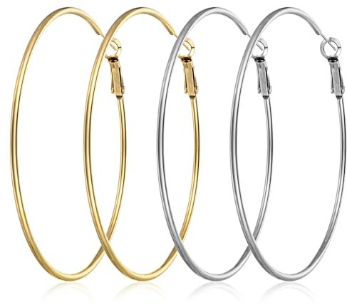 2 Paar Creolen Gold Groß, Ohrringe Set, 70 mm Große Creolen Gold Große Kreis Ohrschmuck Edelstahl Hoop Earrings Dick Silberne Ohrringe für Damen Herren Geschenk