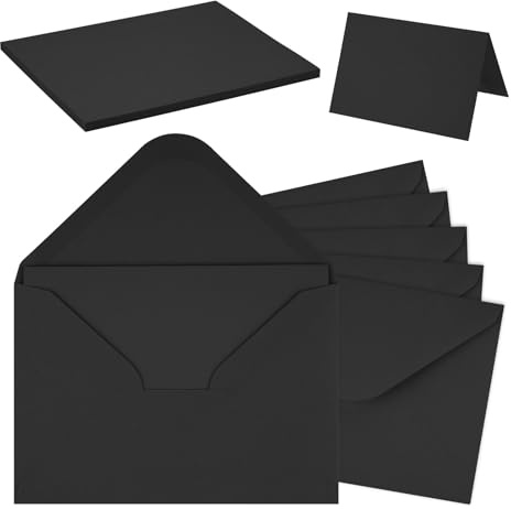 50 Pack Briefumschläge mit Karten Blanko, Schwarz,11 * 16cm | Faltkarten zum Selbstgestalten, Kuvert Doppelkarten Für Grußkarten, Einladung, Geburtstagskarten, Dankeskarten