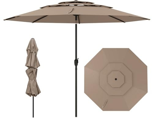 COSTWAY 3-stöckiger Sonnenschirm, 300 cm Gartenschirm windfest stabil, Terrassenschirm mit Kurbel, beidseitig um 30° knickbar, Balkonschirm belüftet, Marktschirm für Garten, Balkon (Braun)