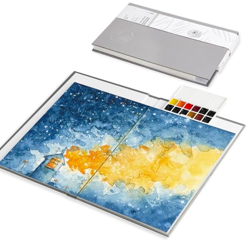 Paul Rubens Reise-Aquarell-Skizzenbuch, 24 Blatt 140lb/300g/m² 100% Baumwolle säurefrei Hot-Press Aquarell-Journal mit Glitter-Effekt (19,5x13,5 cm), inkl. 12-teiliger Reise-Künstler-Aquarellfarbe