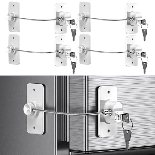 4 Pack Refrigerator Locks with Keys for Kids, Toddlers and Adults, Self Adhesive Child & Baby Proofing Fridge Latch for Fridge, Cabinets and Drawers, Oven, Windows (UK-Patent)