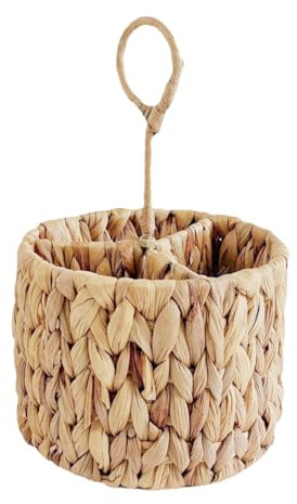 Colcolo Wicker Flatware Storage Basket Water Hyacinth Cutlery Holder Round Multipurpose Divided Utensil Holder for Party Kitchen