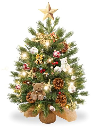 XMTECH 60cm Künstlicher Weihnachtsbaum Tischmodell PE Künstlich mit LEDs | 30 Warmweiße Kabellose LEDs, 10 Rote Beeren, 10 Tannenzapfen & Jutesack-Holzsockel – Pflegeleichte Weihnachtsdeko, Typ C