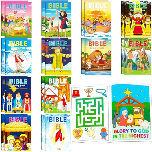 Aannanl 24 Lot Cahier de Coloriage Bible Enfant -Religion Pochette Surprise | Jesus Christianisme Coloring Book pour Les Voyages|Cadeau Anniversaire Invites,Jouets Fantaisie et Gadgets,Activités Église
