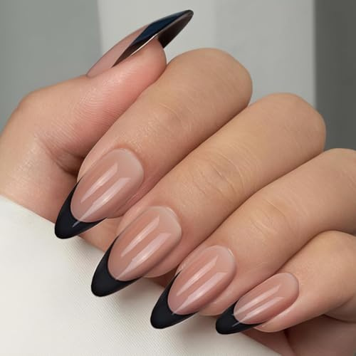 OuryTech Press on Nails Schwarz, 30 Stück French Tip Short Almond Medium Fake Nails mit Nail Glue, Reusable Soft Gel Stick On Nails, Elegant Glue On Nails Kit für Damen