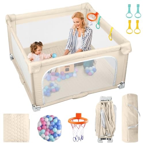 eSynic Laufgitter Klappbar Baby Faltbares Spielgitter 127×127 cm Laufstall XXL Beige Krabbelgitter Indoor & Outdoor mit Atmungsaktivem Netz 50 Bällen Spielgriffen & Tragetasche