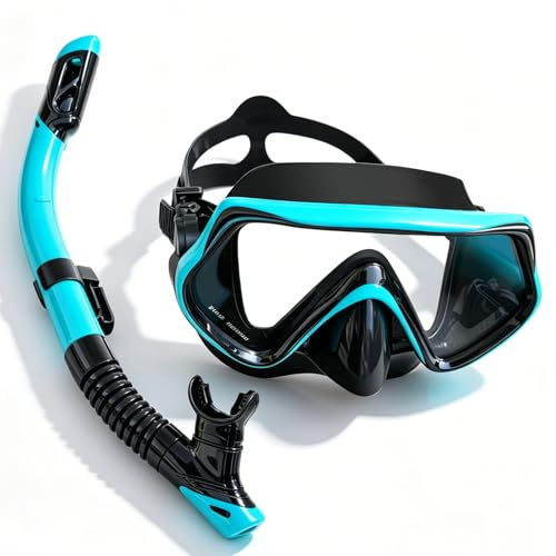Aurinovellia Gafas de Buceo Adulto 180° Panorámicas, Gafas y Tubo de Snorkel Set, Antivaho Máscara de Buceocon un Tubo de Respiración Seco 3 Canales, para Natación y Practicar Esnórquel, Negro Azul