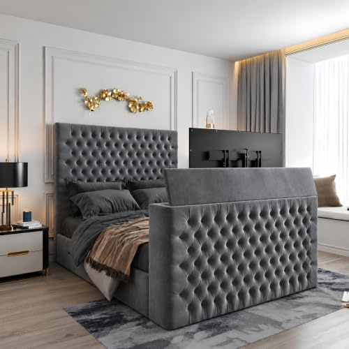 Urban Craft Plush Velvet TV Bed Frame with Remote Controlled TV Lift, Storage & Mattress Luxury Upholstered Panel Bed, Fits TVs up to 50 Inches, Plush Steel, Double, With Mattress & Ottoman Storage