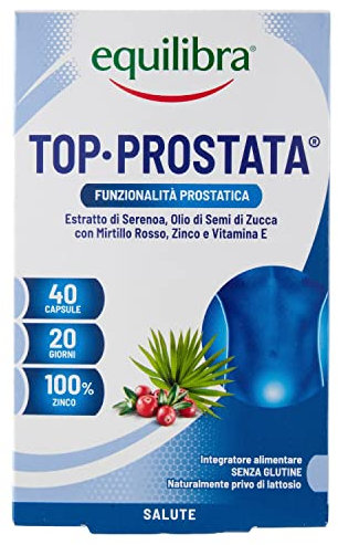 equilibra Integratori Alimentari, Top Prostata, Integratore per la Funzionalità della Prostata, con Serenoa Repens, Olio di Semi di Zucca e Mirtillo Rosso con Zinco e Vitamina E, 40 Capsule