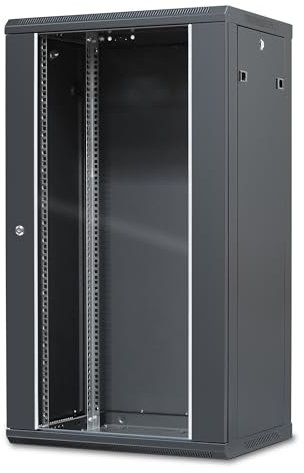 WAYTEX 37406M Coffret Armoire Réseau 19 Pouces 22U – L 600 x P 450 x H 1082mm – Mural ou posé sur Pieds Fournis - Porte vitrée à Serrure - Couleur Noir – Livré Monte