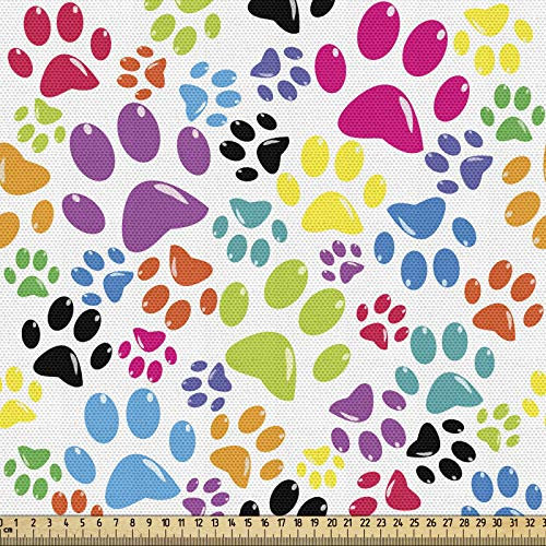 ABAKUHAUS Bunt Gewebe als Meterware, Cartoon Hund Pfote Spuren, Schön Gewebten Stoff für Polster und Wohnaccessoires, 1M (148x100cm),Lila Blaues Grün