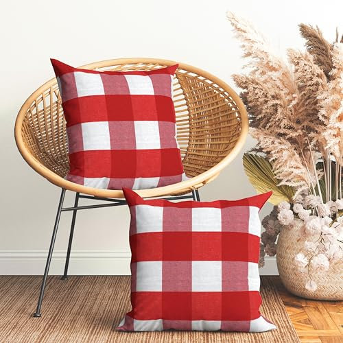 Encasa XO Kissenbezüge 2 Stück (45x45 cm) - Buffalo Red Checks - Weiche Baumwolle Leinwand Ungefärbt Rechteckige Kissenbezug Bunte Dekorative für Wohnzimmer Schlafzimmer Sofa Waschbar