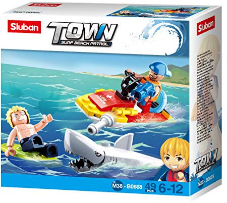 Sluban Klemmbausteine SL95529, Rettungsset Jetski mit Hai (57 Teile) [M38-B0668], Spielset, Klemmbausteine, City, mit Spielfigur, Stadtleben, Multi Colour