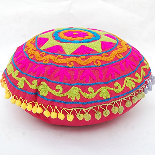 Traditionelle Jaipur Boho werfen runde Form Suzani Kissen, bestickte Kissenbezüge 16 , dekorative Kissenbezüge, indische Pom Pom Outdoor Kissen, Boho Pillow Shams
