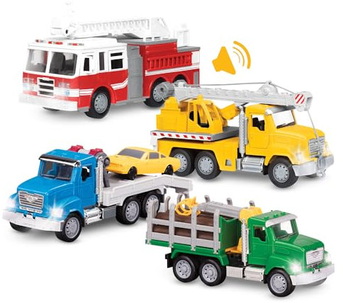 Driven by Battat – 4-Pack of 7 Toy Vehicles – Includes Street Sweeper, Garbage Truck, Police SUV, Fire Truck & Pick-Up – Durable Build, Lights & Sounds – Great Gift for Kids Ages 3+