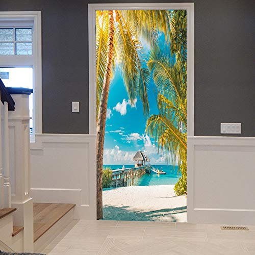 A.Monamour Türtapete Selbstklebend Türfolie Türposter 3D Karibische Tropische Sand Strand Palmen Himmel Weiße Wolken Landschaft Vinyl Folie Türdeko Tapete Wandbild Türaufkleber Türtattoo 90 x 200 cm