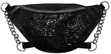 Eilova Bling Pailletten Bauchtasche Glitzer Schulter Brust Tasche mit verstellbarem Gürtel für Frauen Mädchen, schwarz (Schwarz) - EObb-181309130H-04