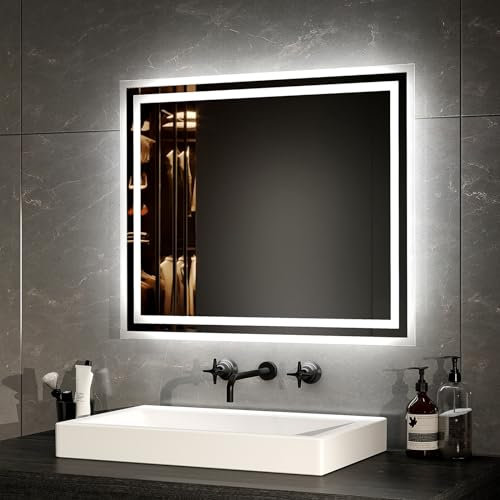 EMKE LED Badspiegel mit Beleuchtung 50x60cm LED Wandspiegel Warmweißes Licht und Kaltesweißes Licht Badspiegel Mit Separater Beschlagfrei+Taste IP44 energiesparend