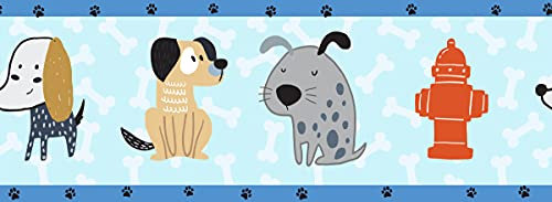 Grace & Gardenia GB90091 Cartoon Dogs Bones & Paws Peel and Stick Wallpaper Border 10in Height x 15ft Blue Biege Gray Black Designs