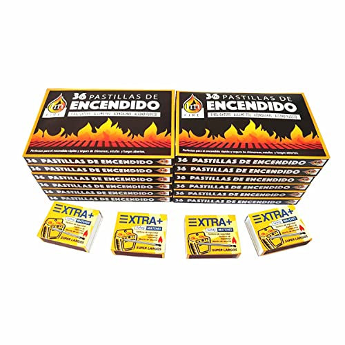 12 Cajas 432 Pastillas de Encendido Chimenea, Estufas y Barbacoas,Pastilla encender Carbon + 4 Caja 480 fósforos de Madera extralargos de 5.5cm.