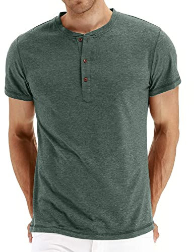 AOTORR Mens T Shirt Henley Short Sleeved Shirts Summer Cotton T-Shirts Casual Solid Tees AMZ028 Green M