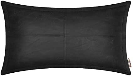 BRAWARM Schwarzer Leder-Kissenbezug, 30,5 x 50,8 cm, Kunstleder-Kissenbezug mit Paspel, handgenäht, dekorativer Lendenwirbel-Kissenbezug für Couch, Sofa, Bett, Wohnzimmer, Garten
