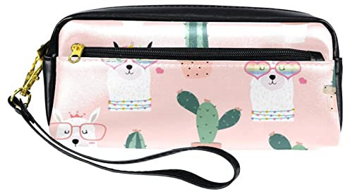 Trousse à crayons en cuir synthétique avec motif lama en forme de cœur et de cactus, avec fermeture éclair pour garçons et filles, fournitures scolaires et de bureau