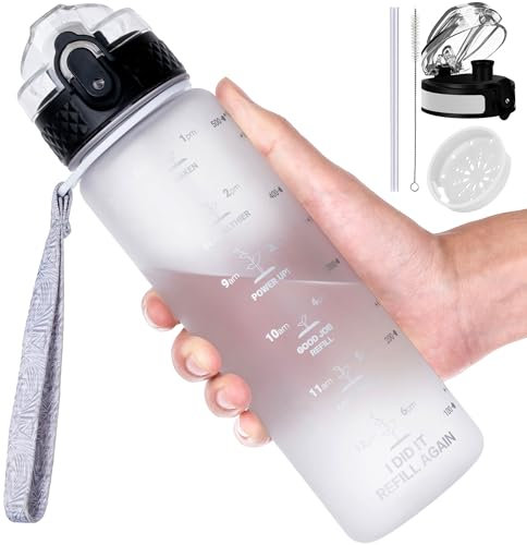 GOPPUS 500ml/17oz Botellas Agua para Niños con Pajita sin BPA Botella de Bebidas a Prueba Fugas para la Escuela Tritan Botella Agua Deportiva Reutilizable Pequeños con Marcas de Tiempo con 2 Tapas