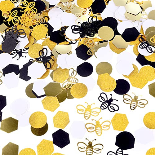 Prasacco 380 Stück Bienen-Konfetti-Dekorationen, Glitter Biene Konfetti und Rundes/Rautenförmiges Konfetti Set für Bienen-Mottopartys, Baby-Partys, Geburtstagsfeiern Dekorationen (Gold, Schwarz, Weiß)