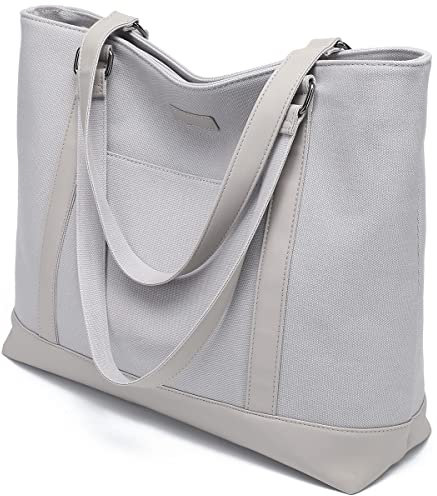 Barsine Grand sac fourre-tout pour femme de 40 cm, sac d'ordinateur portable en toile légère, mallette de travail professionnelle, Gris pastel, Large, Durable