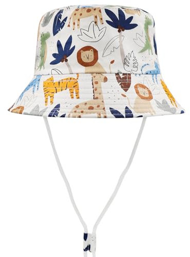 FenFang Sonnenhut Baby Kinder, Fischerhut Kind Jungen Mädchen, Sonnenmütze mit Kinnriemen, Eimerhut Strandhut Kappe Mütze Frühling Sommer (as3, Age, 4_Years, 8_Years, Weißer Dschungel)