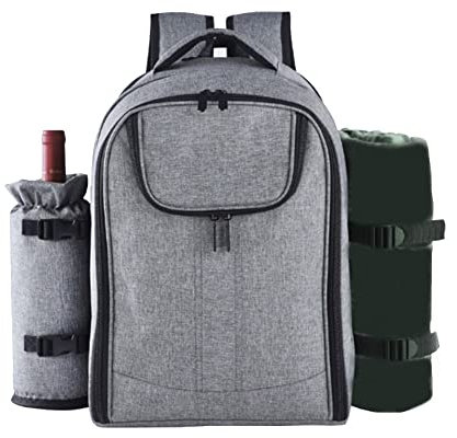 Zaino da picnic per 4, borsa termica da picnic con scomparto isolato, scomparto per posate, portatile per viaggi, picnic, spiaggia, coperta in pile impermeabile, porta bottiglia/vino staccabile
