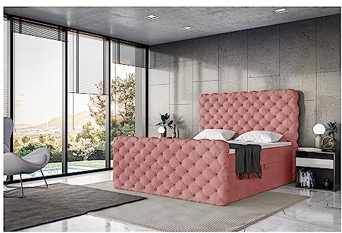 MEBLINI King Boxspringbett mit Bettkasten - Gepolstert Doppelbett mit Matratze und Topper - Polsterbett mit Stauraum - Bett mit Kopfteil - Stauraumbett - Duke - 140x200 - H3/Rosa Samt