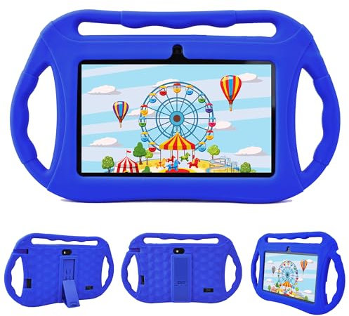 Veidoo Kinder Tablet 7 Zoll Android 32GB, WiFi, GMS, Dual-Kamera, Elterlicher Kontrolle, Lernen pädagogische Kleinkind Tablet mit Silikonhülle (Blau)