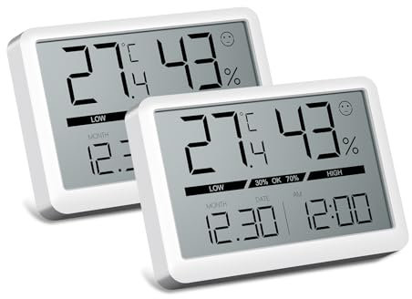 CHEREEKI 2 Pezzi Termometro Ambiente Interno con Ora e Data, Igrometro Umidità Casa Termoigrometro, Monitor di Temperatura e umidità, Termometro da Interno per Casa, Ufficio